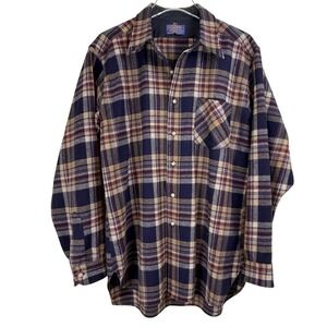 Pendleton VINTAGE 70s L Plaid 100% Wool Flannel Shirt OREGON USA POINT‎ COLLAR